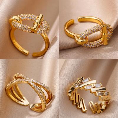 Stainless Steel Oval Hollow Zircon Open Rings For Women Gold Color Trendy Wedding Aesthetic Ring Summer Jewelry Accessories BFF