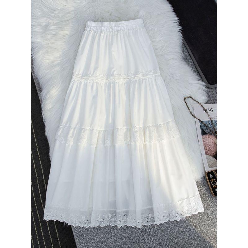 

International Brand Counter Withdrawal ~ White Hollow-out Tiered Skirt Women s Spring and Summer High Waist Slim Looking A- line Large Hem Long Dress White S
