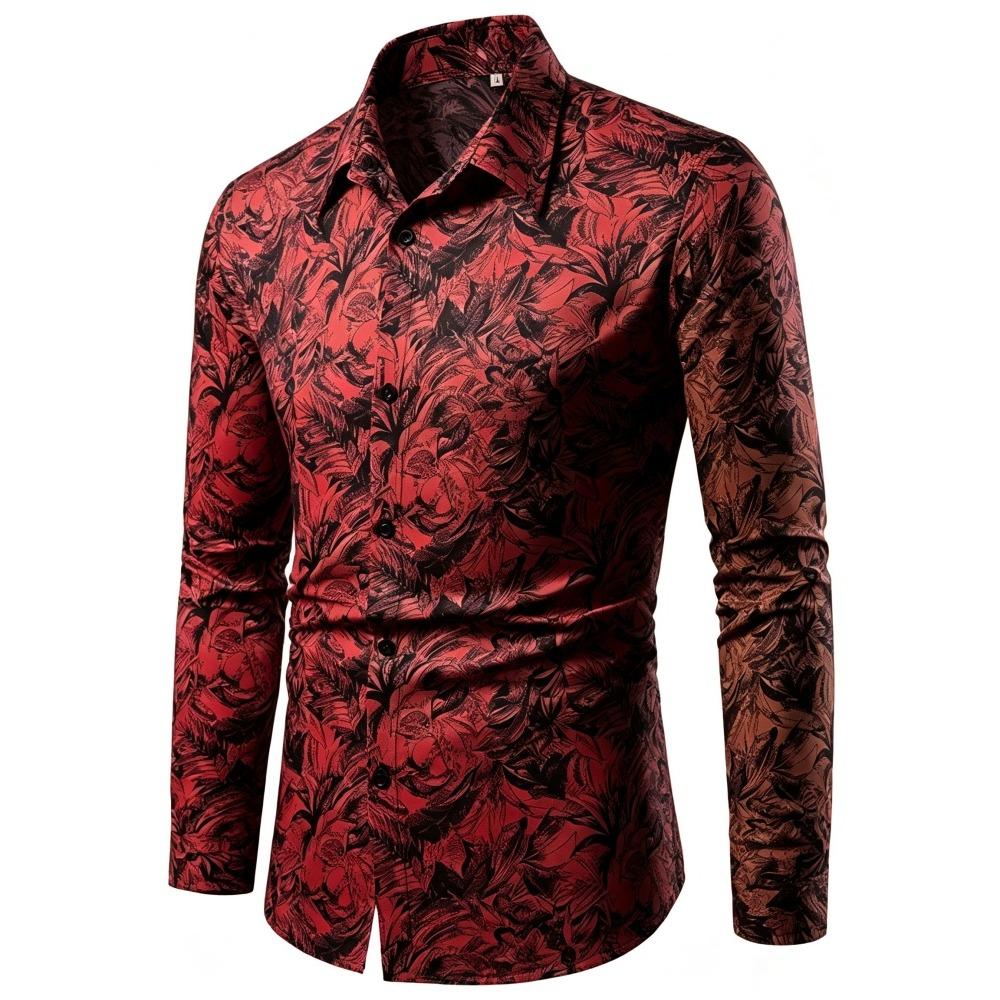 Men's Retro Plant Leaf Printed Long Sleeved Shirt with Slim Fit Collar Trend Shirt, Daily Party Casual Men's Top