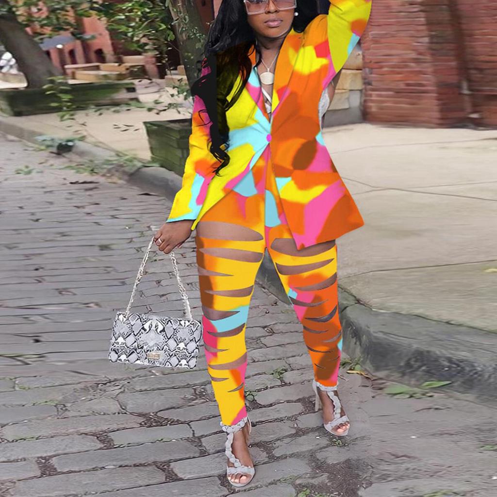 European & American Slim Fit Sexy Print Cardigan Two-Piece Nightclub Set