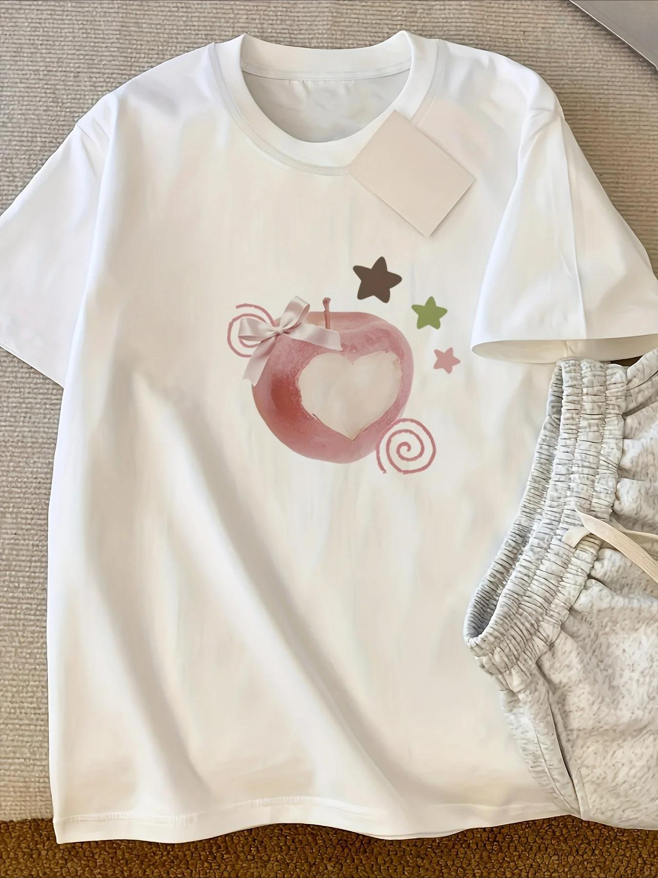 

Womens Y2K White TShirt Pure Summer Top with Red Apple Core Heart Graphic Fit Casual Everyday Shirt for Women Aesthetic Clothes 3XL