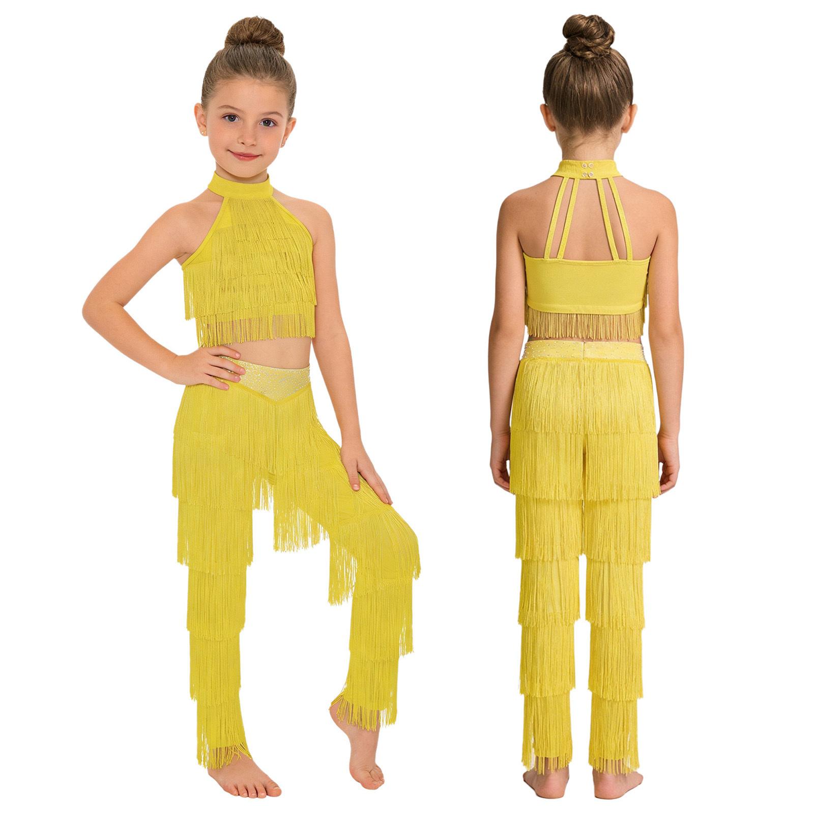 Mädchen Salsa Lateinamerikanischer Tanz Kostüm Ärmellos Träger Rücken mehrlagig Quasten Crop Top Elastischer Bund Fransen Hosen Set 5-6 Years gelb