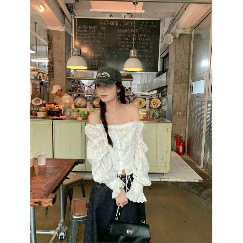 Kumikumi White off-Shoulder Embroider Lace Blouse Women Early Autumn New All-Matching Slimming Unique Elegant Tops