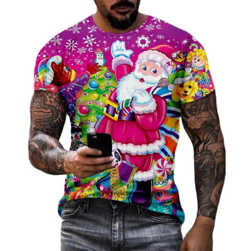 Christmas Snowman Santa Claus 3D Printed Fun Men, Women and Children New Fashion Striped Short Sleeved T-shirt