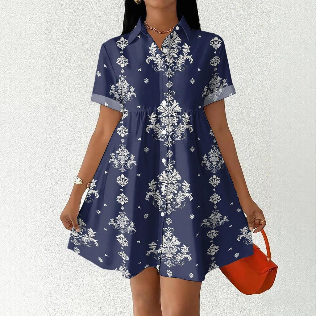 Women's Casual Loose Fit Shirt Dress Button Front Short Sleeve Turn Down Collar Dress with Printed Pattern Suitable for Daily Wear