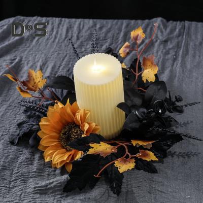 Halloween Candle Ring Garland 10 Inch Artificial Leaves Sunflower Maple Leaf Wreath for Pillar Candle Holder Wedding Home Tabletop Decoration