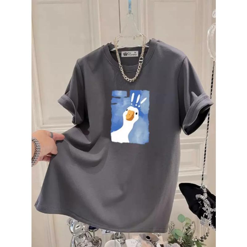 Cartoon Printed Short-sleeved T-shirt for Women In Summer New Fashionable Age-reducing Large-shoulder Pure Cotton Top
