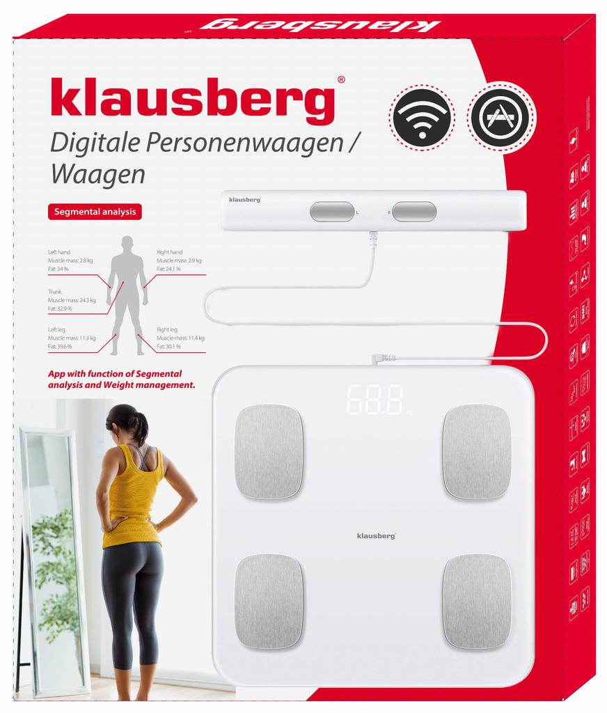 Waga łazienkowa z pomiarem tkanki tłuszczowej i składu ciała, Smart, BT,  KLAUSBERG KB-7853 biała
