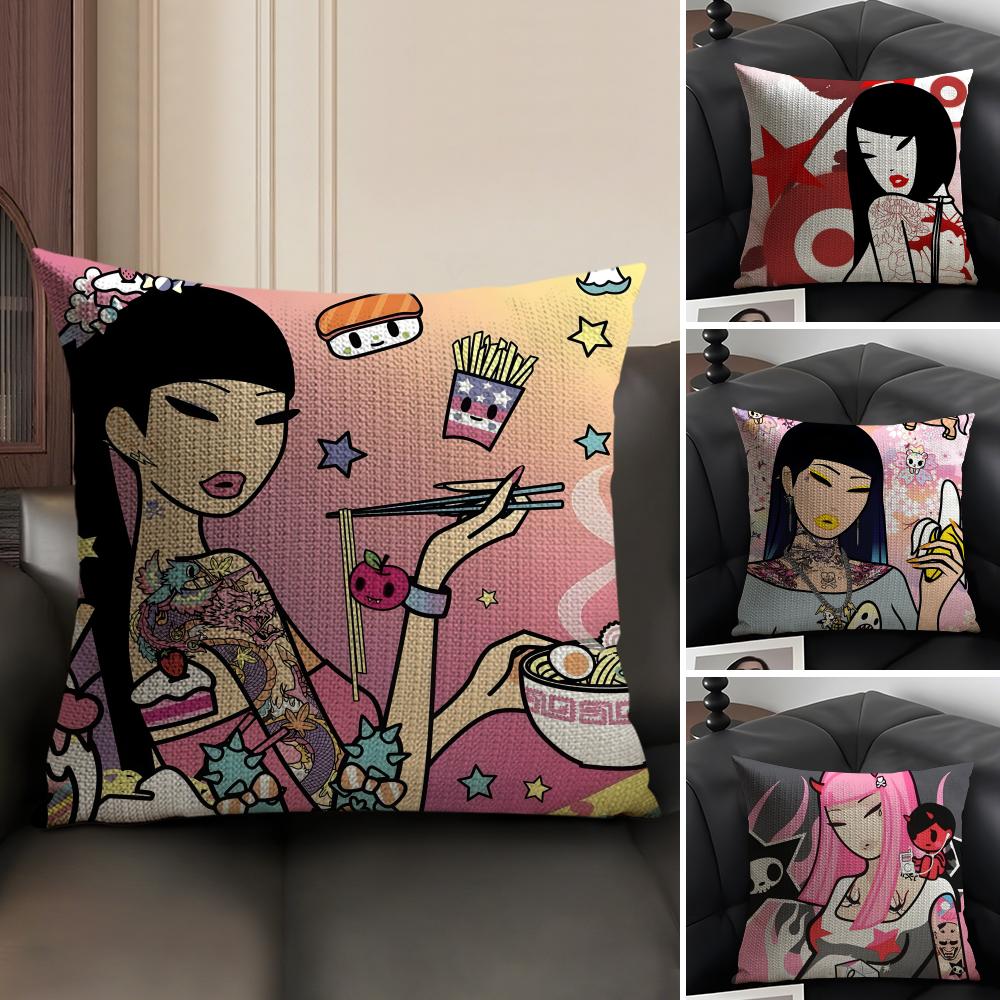 T-Tokidoki Girll Cute Cushion Cover Natural Linen Organic Fabric Double-Sided Printing Sofa Home Decor Gift Pillow Case