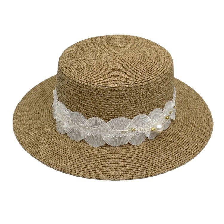 French lace bow hemming straw woven flat top top hat women's summer travel put ultraviolet sunshade big edge straw hat