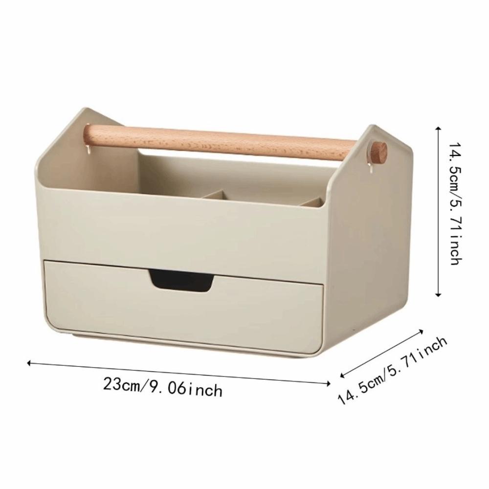 Large Capacity Desktop Storage Box with Drawer Wooden Handle Cosmetic Basket Plastic Space Saving Stationery Organizer Bedroom