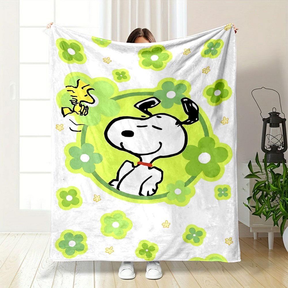 Cartoon Dog In Green Floral Frame with Scattered Flowers and Bird. for All Seasons Blanket Lunch Break Throw Gift 75X95CM