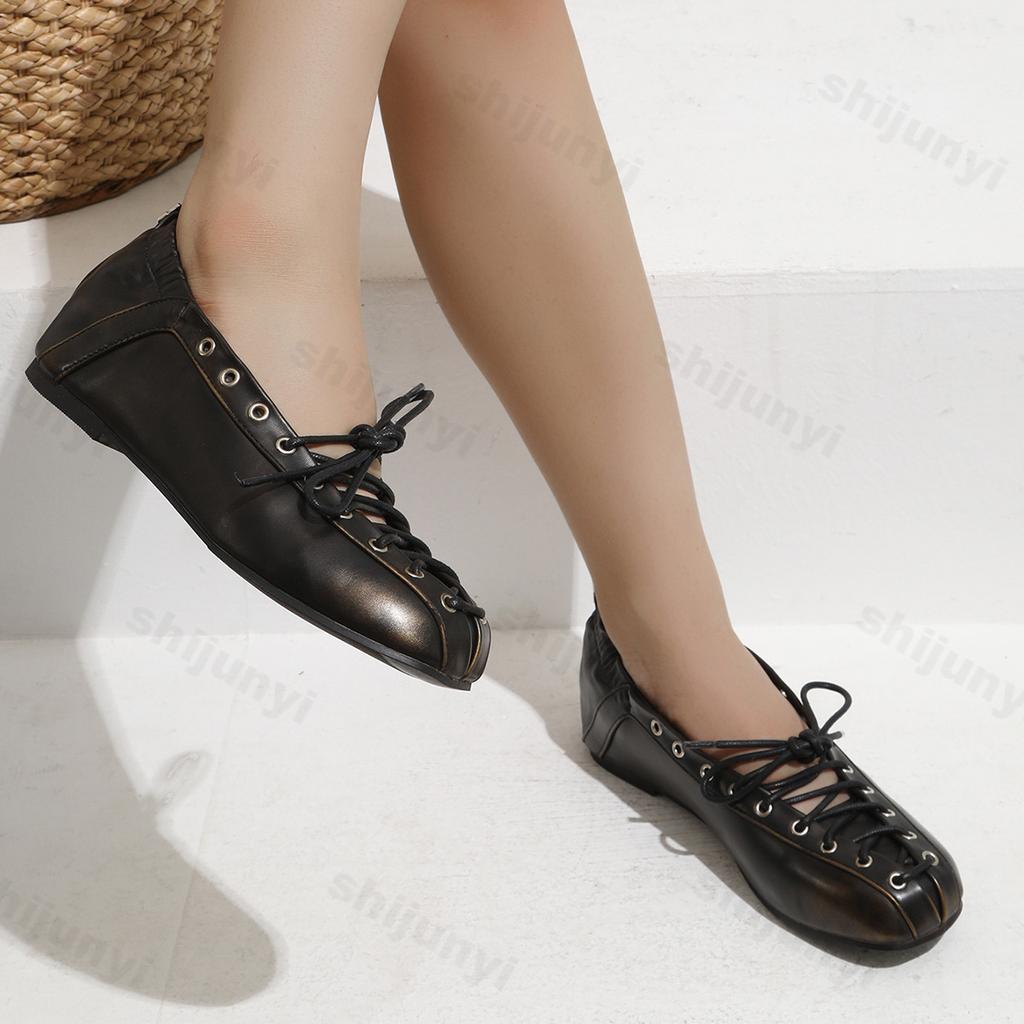 Fashion Women's Ballet Shoes Autumn New Height Increase Vintage Lace Up Fashion Single Shoes Comfortable Soft Sole Non Slip Casual Flats