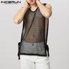 INCERUN Men Sleeveless Side Split Lace-up Hollow Long See Through Tank Tops