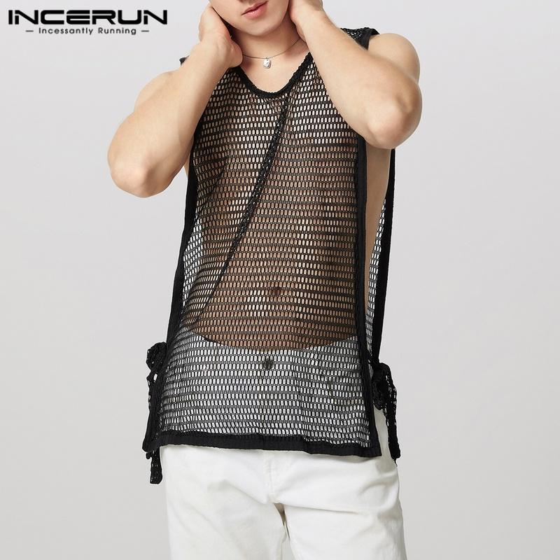INCERUN Men Sleeveless Side Split Lace-up Hollow Long See Through Tank Tops