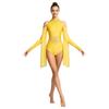 Womens Lyrical Dance Leotard Cold Shoulder Long Sleeves Sheer Mesh Waist One Piece Bodysuit Dancewear