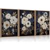 3Pcs Navy Blue Abstract Floral Canvas Wall Art Moody Dark Flowers Plants Painting Picture Wall Decor Poster Print Artwork Suitable for Living Room