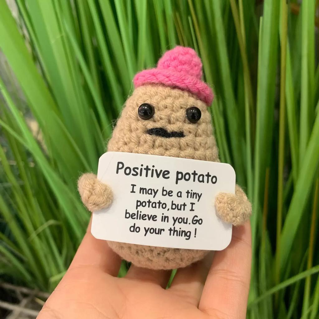 White Elephant Gifts Potato Mini Funny Knitted Wool Toy with Positive Card Cute Creative Life Doll Potato for Birthday Gift