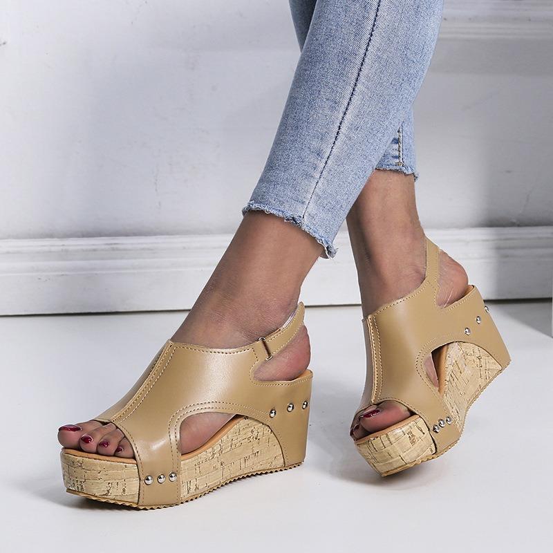 Summer New Fish Mouth Retro Wedge Heel High Heel Water Table Sandals Open Toe Velcro Hollow Platform Women's Sandals
