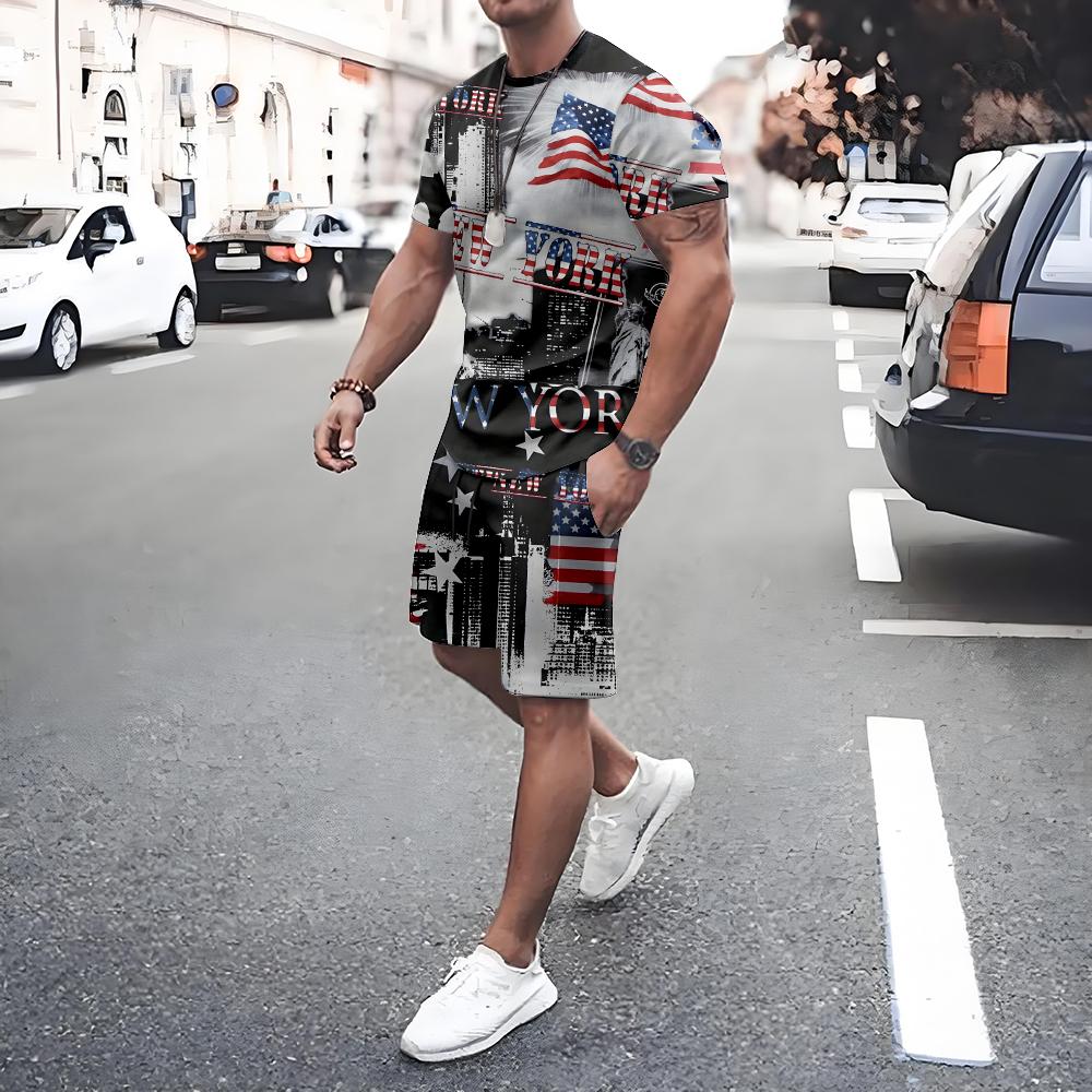 American Flag Print Short Sleeve Tee Shorts Set Casual Men's T-shirt Shorts 2-piece Set Quick Drying Breathable Mesh T Shirt