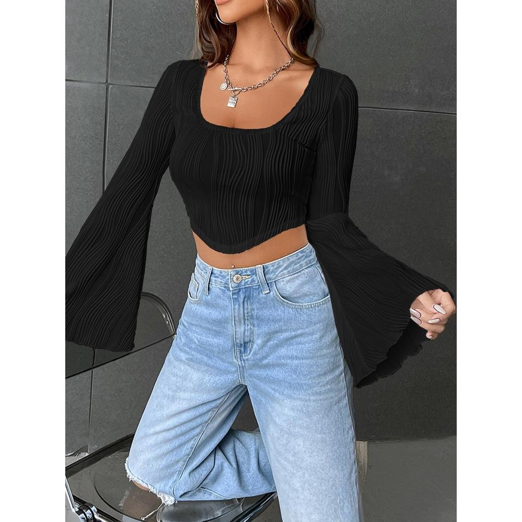 Women's Solid Color U Neck Cropped Flare Long Sleeve T-shirt, Slim Fit Sexy Short Sleeve Top, Fashion Casual Streetwear for Women