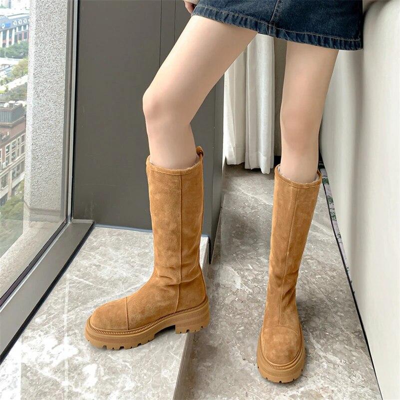 Meotina Bottes mi-mollet en cuir véritable pour femmes, bout rond, talons épais, plateforme, laine, daim, chaussures de mode pour dames, hiver 40