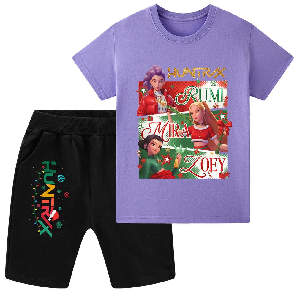 WA1264 Kids Boys Girls Kpop Rumi Zoey Mira Christmas Print Short Sleeves T-shirt Shorts Pants Sets