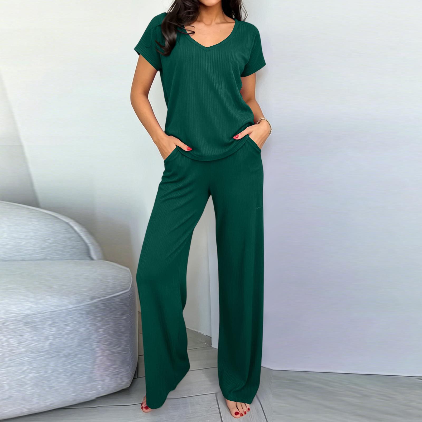 Women s Knit Loungewear Two-Piece Set with Pockets for Casual Home Wear L