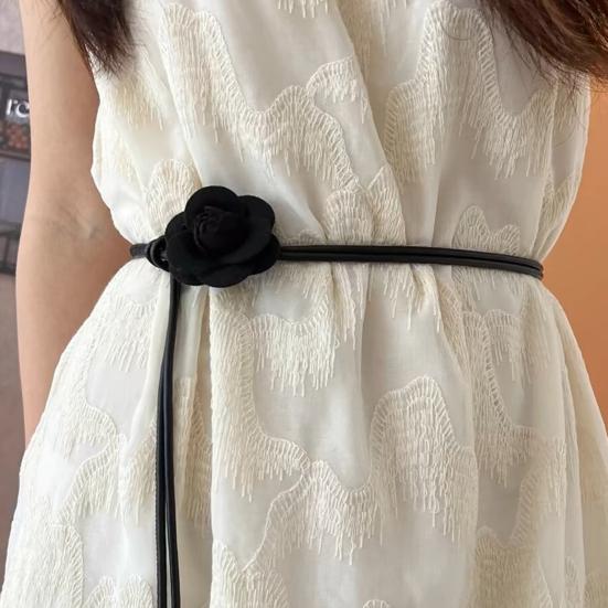 Yousheng Dress Belt, Floral Decor Slim Fit Waistband with Adjustable Knot Buckle, Camellia Flower Pattern Thin