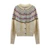 Vintage Wool-Cotton Cable Knit Cardigan – Mélange Fancy Yarn Winter Sweater, Round Neck, Long Sleeve