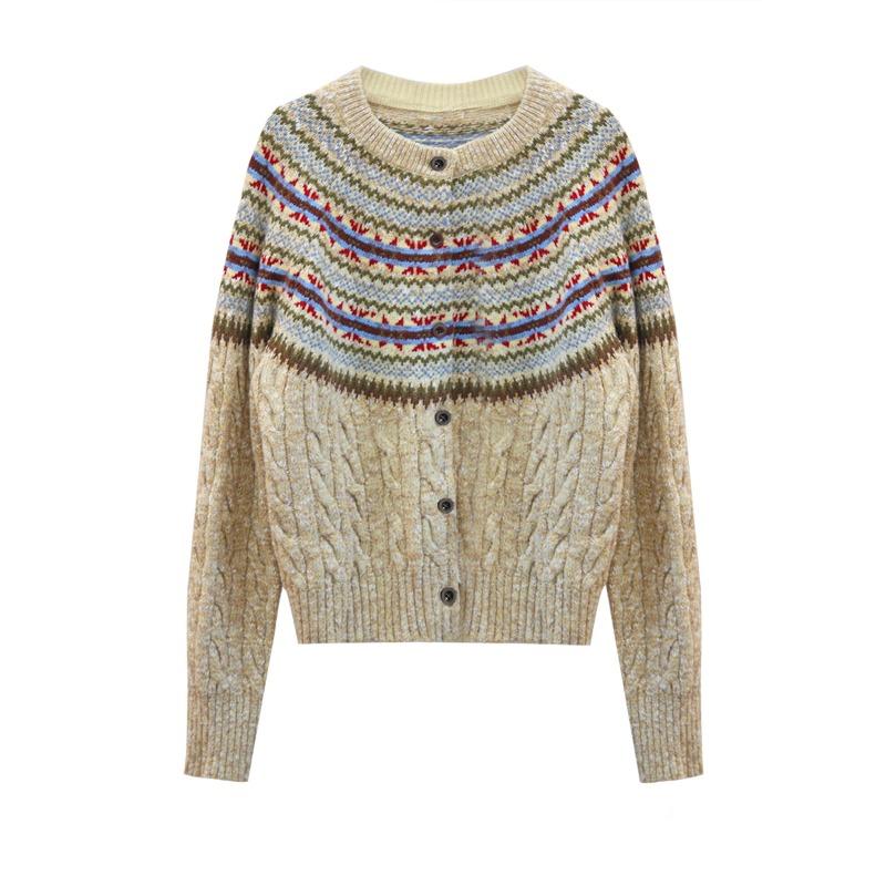 Vintage Wool-Cotton Cable Knit Cardigan – Mélange Fancy Yarn Winter Sweater, Round Neck, Long Sleeve