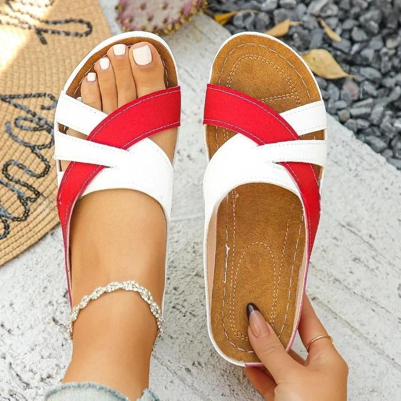 Fashion 2025 Summer New Color Blocked Fashion Women's Thick Bottom Slope Heel Slippers Outdoor Women's Sandals Summer Women Shoes