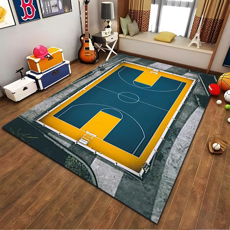 Basketball Court Print Carpet for Living Room, Blue and Yellow Design Suitable for Use As an Anti-slip for Living Room Bedroom Sofas