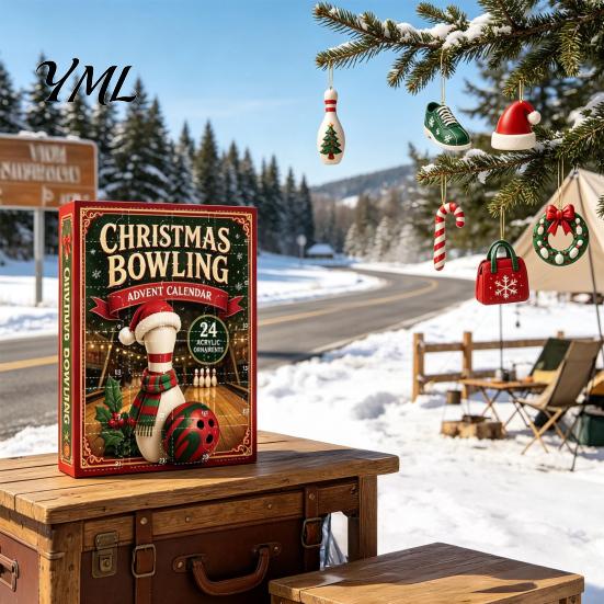 Personalized Holiday Countdown Calendar Christmas Advent with 24 Acrylic Pendants, 2D Flat Bowling Theme Home Decor for Sports Fans Hanging Ornaments