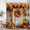 Autumn Pumpkin Shower Curtain Harvest Season Maple Leaf Scarecrow Flower Wooden Plank Barn Farmhouse Bath Decoration With Hook