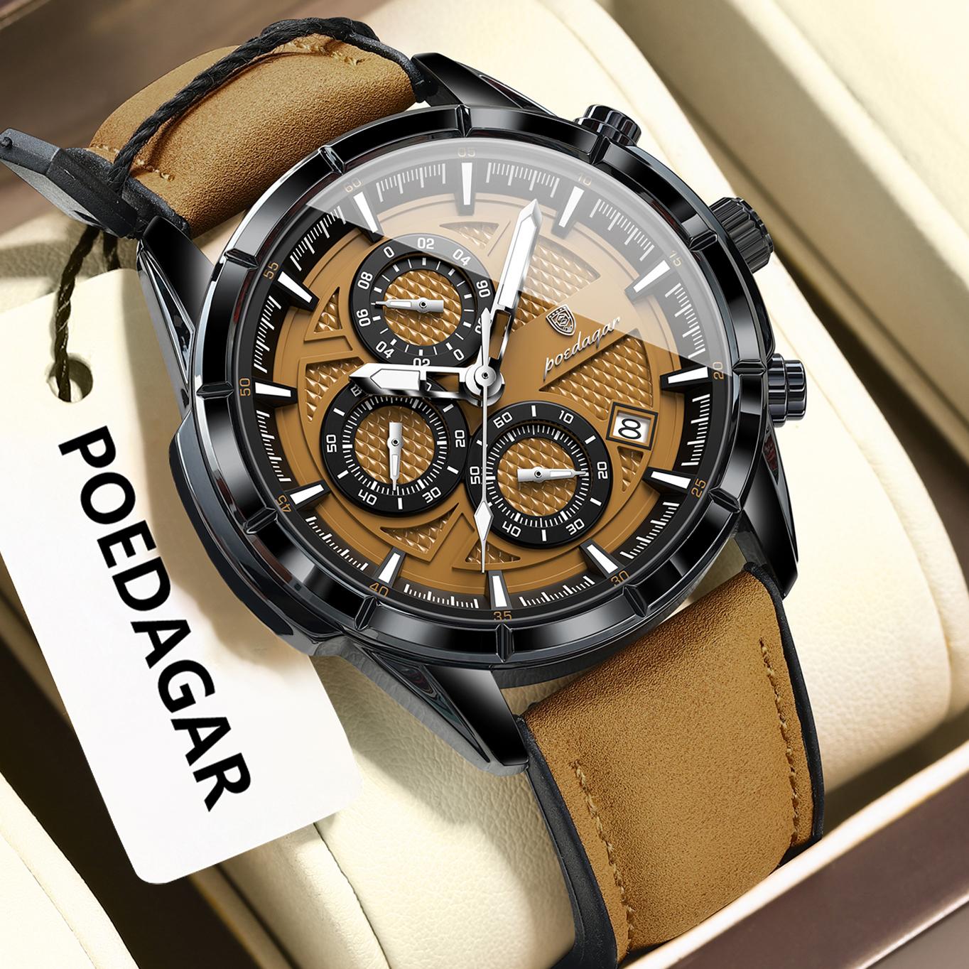 

POEDAGAR Luxury Top Men Wristwatch Quartz Original Leather Watches Date Chronograph Waterproof Luminous Watch +Box коричневый/чёрный