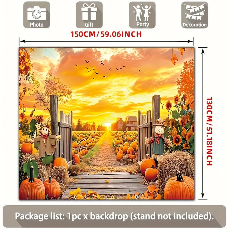 2D plane, 1 scene of the entrance of the autumn pumpkin field: warm sunset, scarecrow, wooden door, fallen leaves
