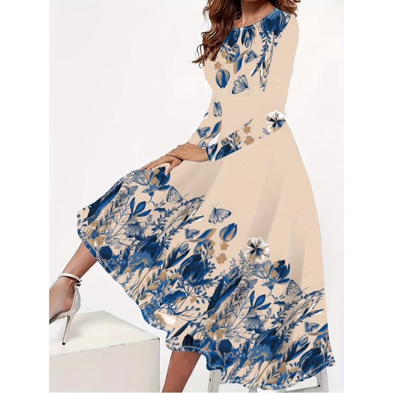 Plus size floral print dress, elegant round neck long sleeve dress for spring and fall