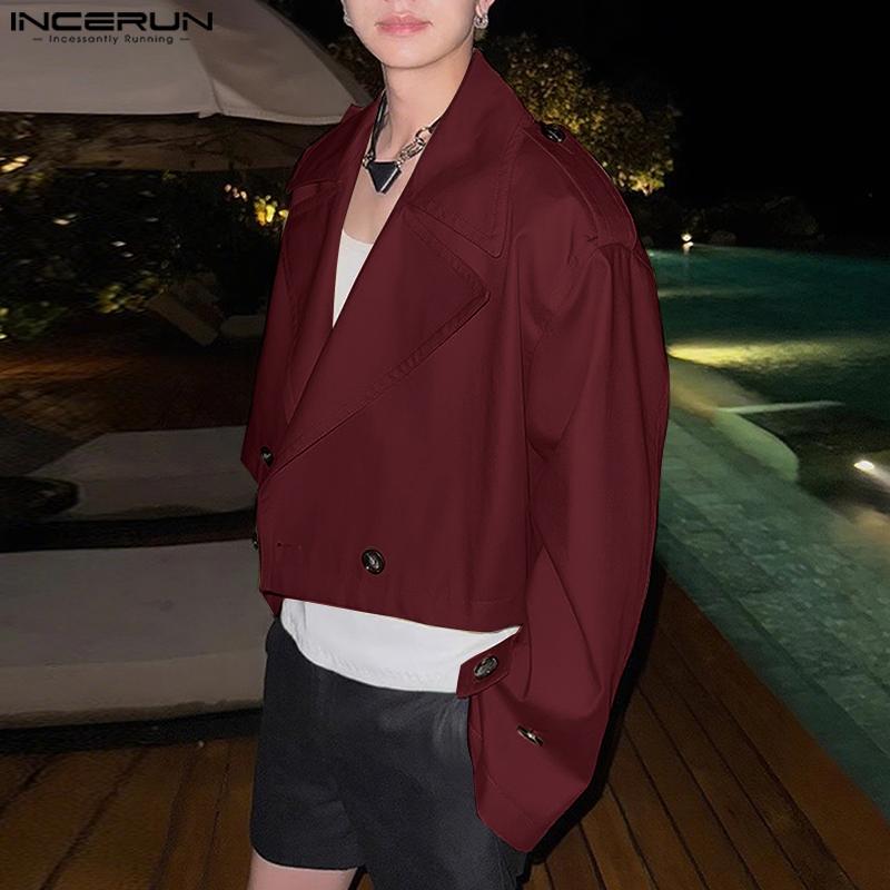 INCERUN Ovesized Men Lapel Neck Long Sleeve Buttons Up Short Windbreaker Coats