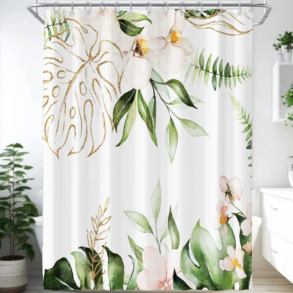 Watercolor Flower Shower Curtain, Vintage Plum Blossom Tropical Plant Green Leaf Bird Elegance, Bathroom Decor Set With Hooks
