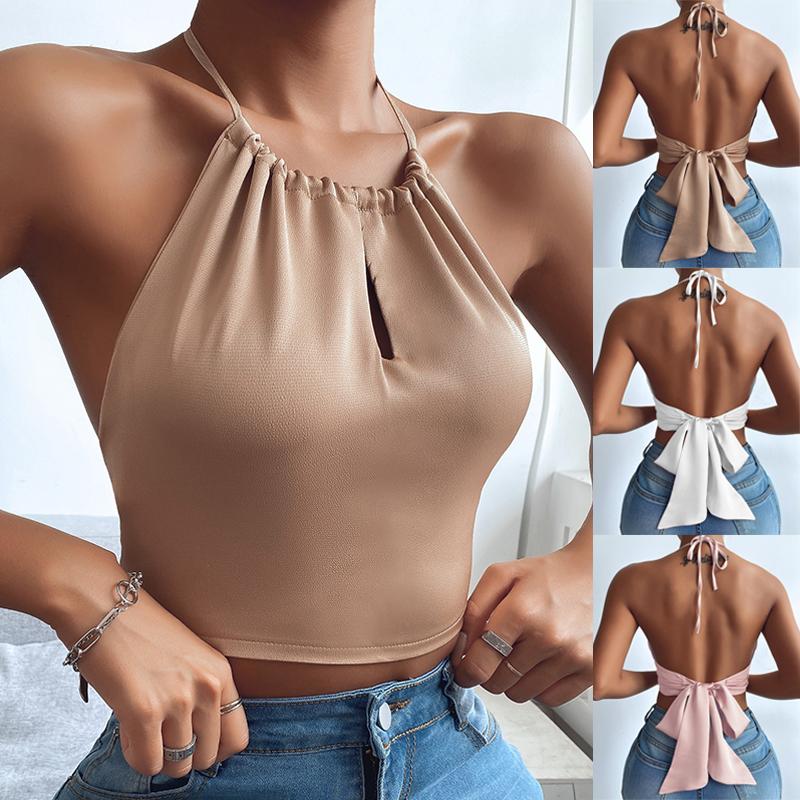 

Женщины Halter Жилет Без спины Bownot Tie Up Дизайн Летние безрукавки Кроп-топы