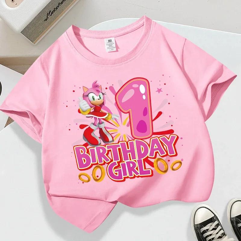 Summer Breathable T-shirts Short Sleeves Shirt Gift Sonics New Pink T-shirt for Girls Birthday Number 1-9 Cute Cartoon White Tee