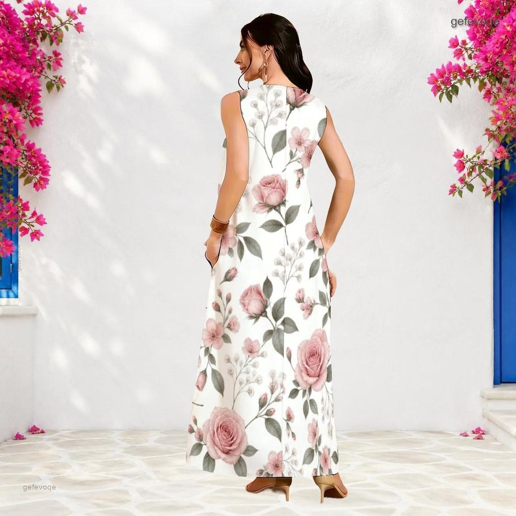 Women Plus Size Notch Neck Sleeveless White Blue Yellow Floral Printed A Line Long Maxi Dress