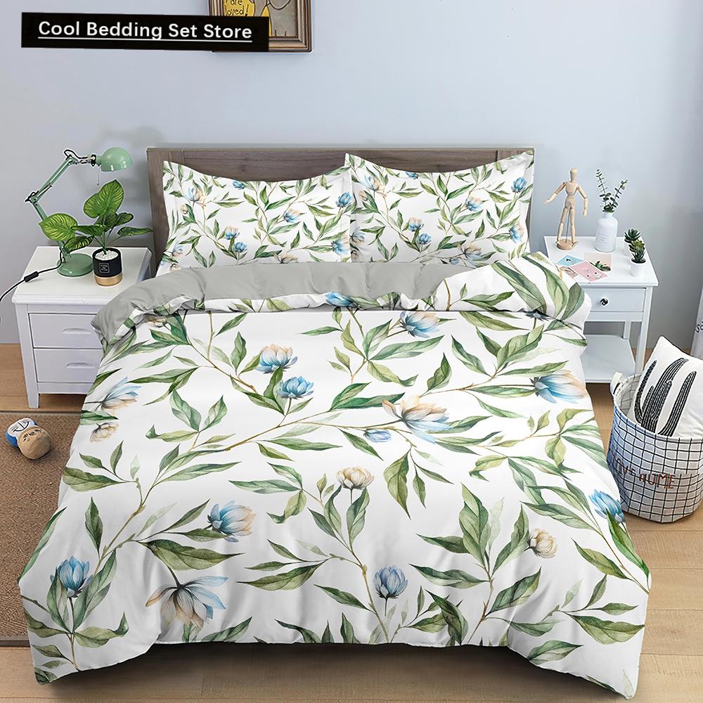 Comforter Tropical Leaves Butterfly Printed Bedding Sets With Pillow Case Luxury Polyester Queen/King Size Gift Blue