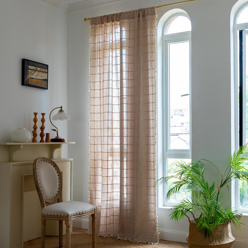 Curtain Finished Non-Punching Cover Pole Type American Living Room Bedroom Fringed Balcony Plaid Curtain