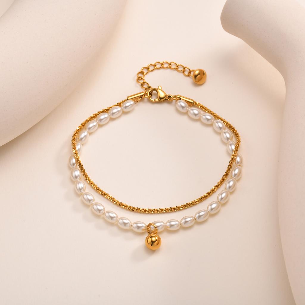 Double Layer Stacked Bracelet Stainless Steel Gypsophila Chain Imitation Pearl Ball Bracelets For Women Gold Color Jewelry