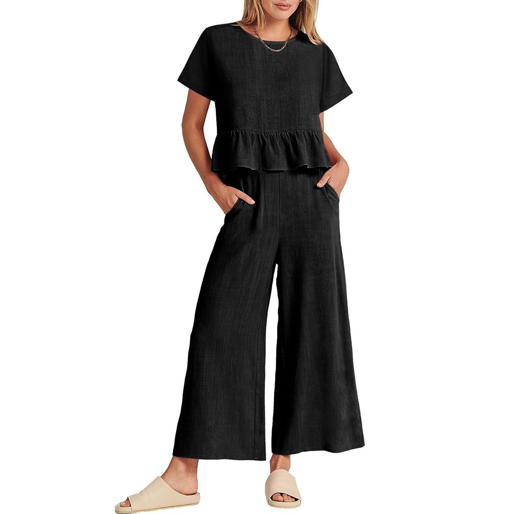 Pants Sets Women 2 Piece Outfits Sleeveless Round Neck Tank Tops Matching Sets for Women Elastic Waist Wide Leg