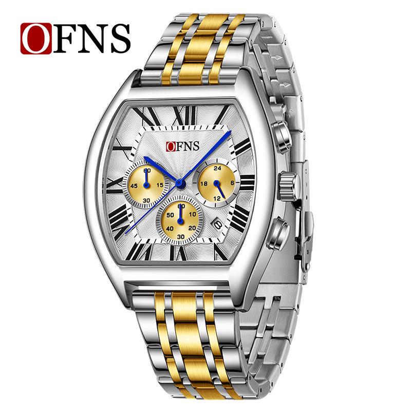 OFNS Men's Barrel-Shaped Waterproof Quartz Watch - Multifunctional Calendar with Three-Eye, Six-Hand Design, Casual Style.