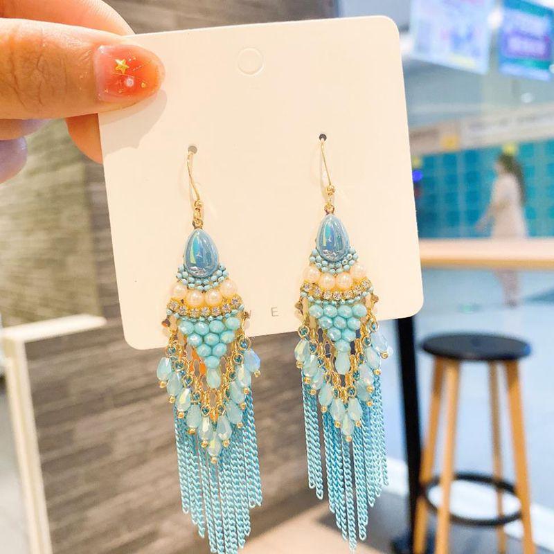 

Bohemia Ethnic Style Temperamental Fairy Sterling Silver Earrings Long Fringed Pearl 2025 New Arrival Trendy Women Ornament Dancing light blue [Normal]]