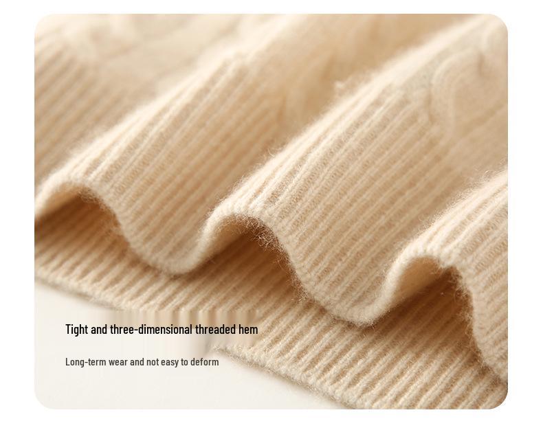Women's Retro Cable Knit Cashmere Pullover Sweater, Round Neck, Slim-Fit, Autumn/Winter 2024 Collection